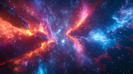 Wall Mural - Futuristic spaceship in colorful nebula with glowing engines - ultra-detailed sci-fi ray tracing illustration. Space Opera Scene. Illustration