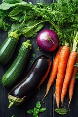 Wall Mural - Variety of vegetables on a dark background. Healthy food ingredients.