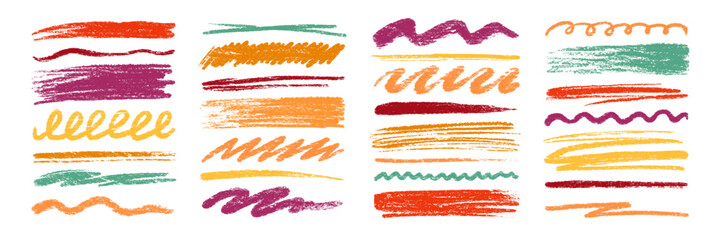 Aufkleber - Crayon brush color pencil underline. Crayon pencil line chalk highlight stroke. Vector hand drawn brush sketch element set for accent, texture emphasis paint. Color kid chalk vector illustration