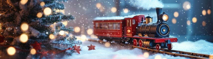 Christmas train decoration on snow next to a Christmas tree and bokeh lights size 32:9