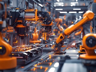 Leinwandbilder - Industrial Robots in Automated Manufacturing Process