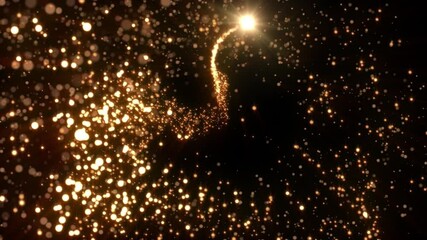 Wall Mural - loop animation of a luminous christmas shooting star with a tail of golden particles on a black back