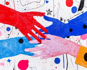 Abstract collage featuring hands reaching for each other with doodle-like red and blue lines and stars, symbolizing unity and connection in diversity.