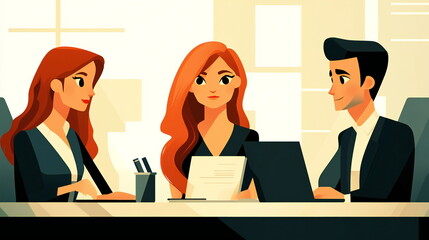 Three colleagues, two women and a man, are working together at a desk in a modern office. They are collaborating on a project and looking focused and determined.