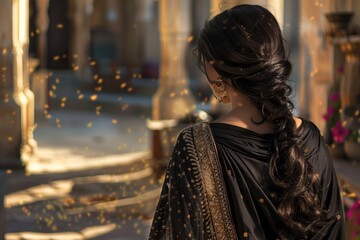 back view of arabian woman in black saree