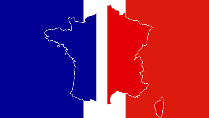 shape of the map of France, french flag color design style, background