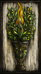Wall Mural - A stylized, ornate goblet with a stylized flame rising from it surrounded by ornate green leaves, against a wood background.