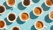 © Pannin - Minimalist, flat lay pattern of americano coffee cups on blue, emphasizing the rich brown color against a soft blue.