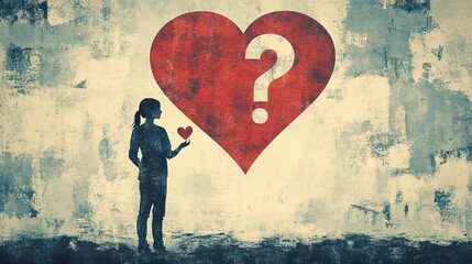 Photo illustration of two young lovers doubting each other feelings heart question mark romantic confused uncertain background pattern