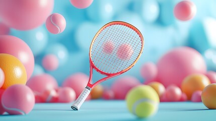 Pink Tennis Racket with Balls in Blue Background.