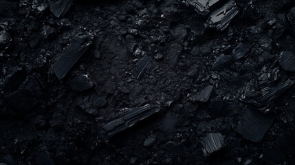 Rough black coal pieces scattered on dark ground