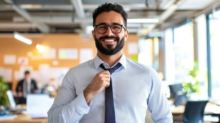 Confident businessman adjusting his tie in a modern office setting