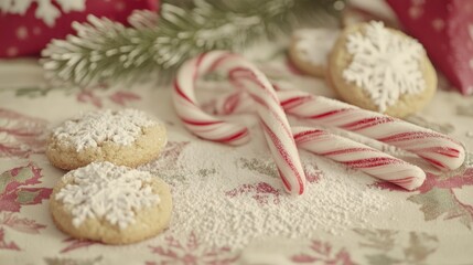 Two snowflake cookies, two candy canes, and powdered sugar on a patterned tablecloth.