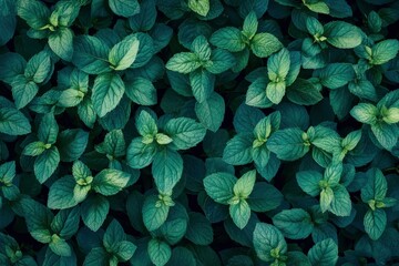 Mint leaves background. Green mint leaves pattern layout design. Ecology natural creative concept. Top view nature background with generative ai