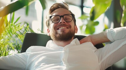 Relaxed businessman enjoying a serene moment in a clean office environment