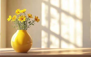 Bright and airy image of a beige wooden table topped with a vibrant yellow vase, bathed in sunlight