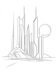 Fototapete - This artwork showcases a sleek futuristic city skyline, emphasizing geometric shapes and clean lines in a minimalist style. Generative AI