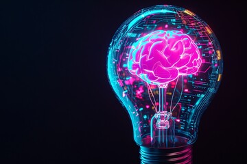 A glowing light bulb shaped like a brain illuminates digital circuits in a dark environment, symbolizing innovation and creativity