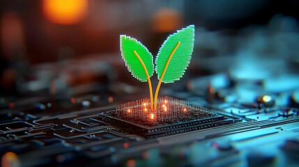 A digital illustration of green sprouts emerging from a microchip, symbolizing the intersection of technology and nature.