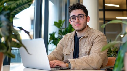 Confident young businessman seated at desk with laptop engaging with camera in a modern workspace setting