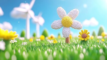 A vibrant field filled with colorful flowers and wind turbines under a bright blue sky, symbolizing nature and renewable energy.