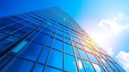 A stunning skyscraper reflects the bright blue sky and sunlight, showcasing modern architecture and glass design against a vibrant backdrop.