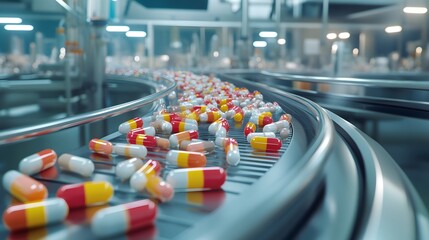 Pills Moving on Conveyor Belt in Pharmaceutical Factory