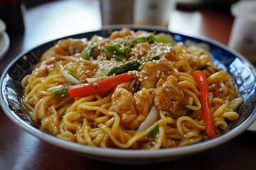 A vibrant noodle dish topped with chicken, peppers, and sesame seeds in a savory sauce, enticing the senses.