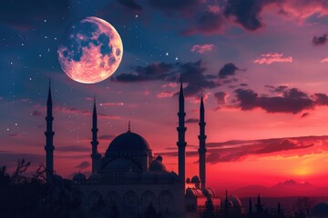 Mosque sunset sky  moon  holy night  islamic night and silhouette mosque  islamic wallpaper