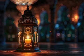 Arabic lantern with candle in mosque for Ramadan greeting card.