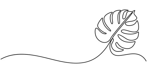 Continuous line drawing  of a Monstera  isolated on white background, Leaf monstera continuous one line art drawing of outline vector illustration, Continuous one line drawing of monstera leaf.