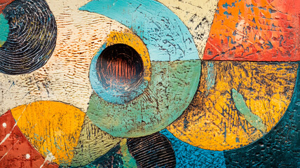 Abstract background with turquoise, orange and yellow circles. Vintage industrial shapes with weathered paint and scratches. Distressed metal texture. Retro machinery concept.