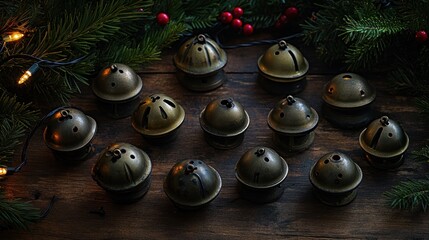 A collection of antique brass bells on a wooden table with pine branches and lights.