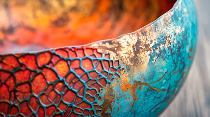 abstract macro background with turquoise, coral red and orange colors. natural crackle pattern with 