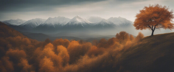 A lonely colorful tree on hill with mountain forest