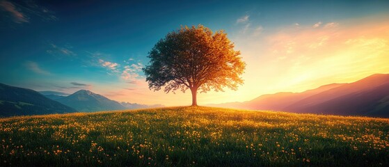 Wall Mural - A lone tree stands on a hilltop meadow bathed in the golden light of sunrise, with mountains in the distance.