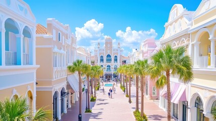 Colorful Mediterranean-style shopping village with palm trees, a fountain, and bright storefronts, creating a vibrant and inviting atmosphere.