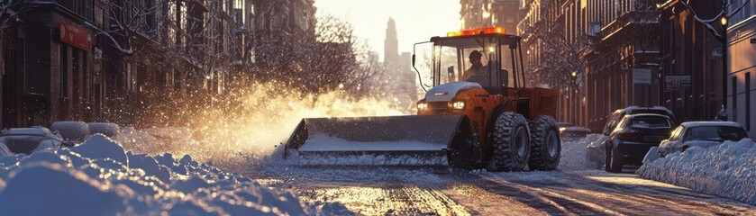 Powerful snowplough pushing snow off city street, early morning light, dedicated winter road clearing