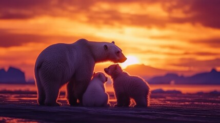 A mother bear and her two cubs are standing on a beach near the ocean. The sky is orange and the sun is setting