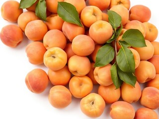 Wall Mural - A close-up shot of a pile of ripe apricots on a clean white background, sweet, pile