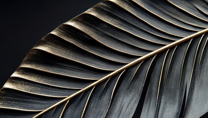 A close-up of the curved edge of an elegant black palm leaf, with thin gold lines that highlight its natural texture and form Generative AI