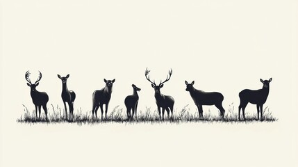 Aufkleber - A collection of wild animal silhouettes elegantly lined up in tall grass, captured in a minimalist ink style at dusk. Generative AI