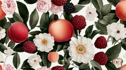 Poster -   A serene image of a variety of fruits and colorful flowers against a pristine white backdrop, featuring vibrant red, white, and pink petals and lush green foli