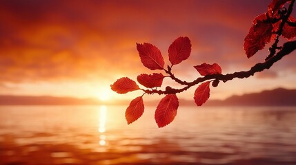 Wall Mural - a tree branch with red leaves in front of a sunset over a body of water with water in the background