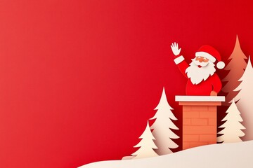 santa claus waves joyfully from a chimney in a playful paper cutout style with a vibrant red backgro