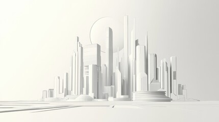 Poster - A sleek futuristic city skyline is depicted with minimalist design principles, showcasing geometric shapes and smooth lines in a bright setting. Generative AI