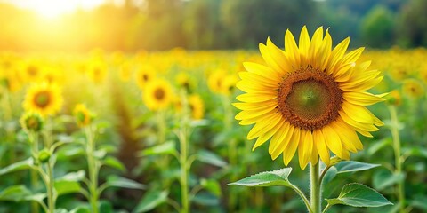 Wall Mural - A mature sunflower plant in a lush green field with tall stalks and bright yellow blooms, sunflower, agricultural, growth, sunflowerfield, tallstalks