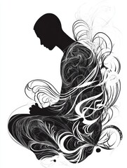 Poster - A person sits in a meditative pose, surrounded by swirling abstract designs that suggest tranquility and inner reflection. Generative AI