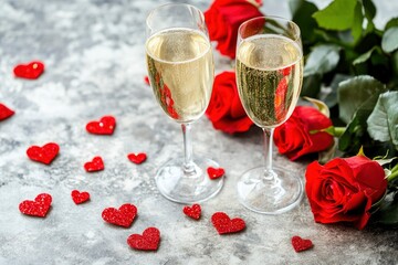 Valentines dating table setting red roses and champagne glasses on concrete background. Valentine 's greeting card - Image with generative ai