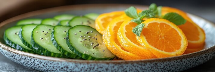 Vibrant citrus and cucumber display, fresh health inspiration, colorful plate arrangement, inviting and nutritious snack idea